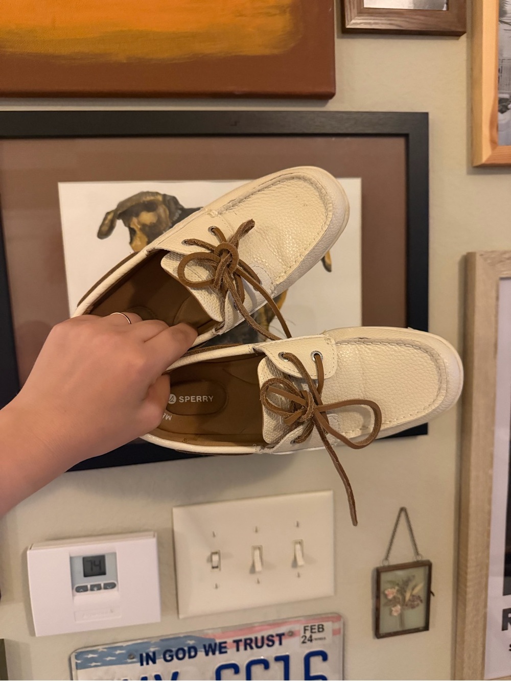 Sperry Cream Leather Moc Toe Boat Shoes with Brown Laces